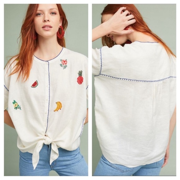 Anthropologie Tops - Anthropologie Intropia Linen Embroidered Fruit Top in Cream Sz L